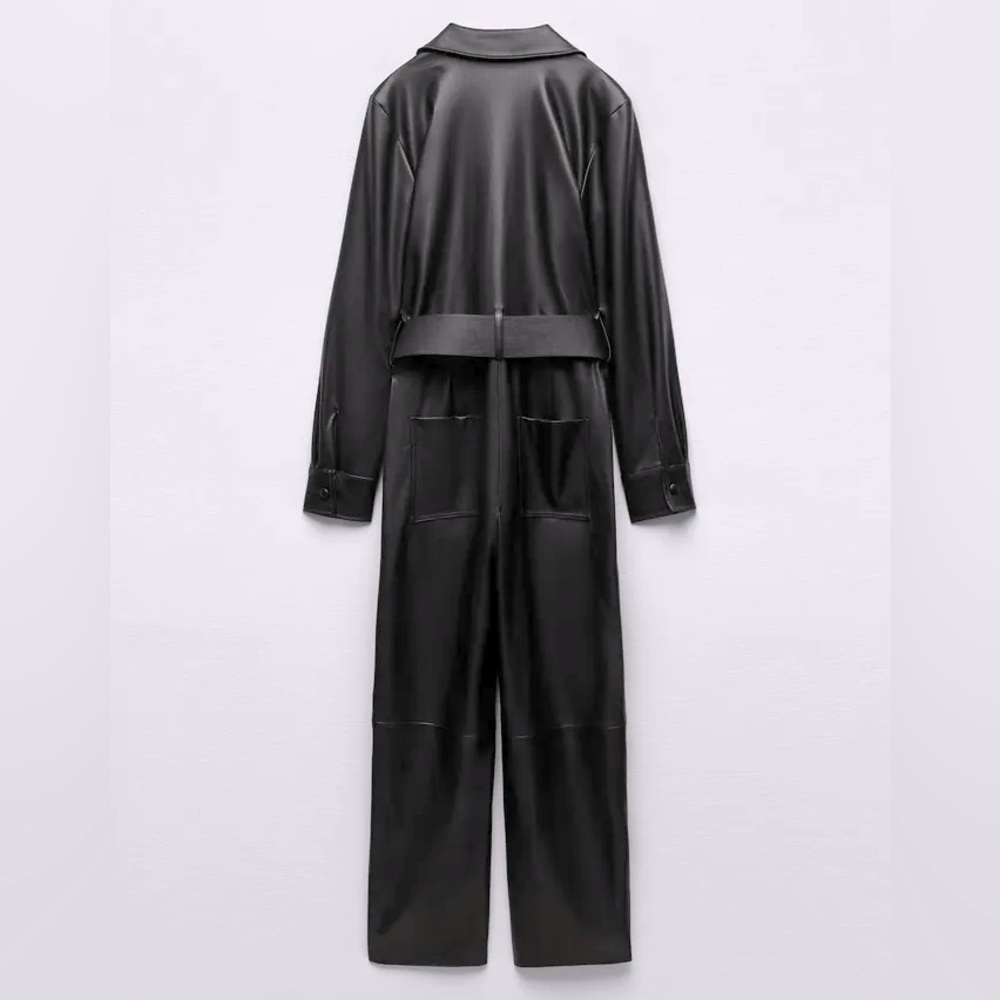 Zara FAUX LEATHER JUMPSUIT V-neck Long Sleeves Front & Back Patch Pockets NEW - Picture 9 of 10